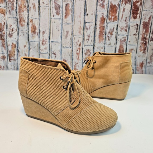 Toms Womens Wedge Booties Ankle Lace Up Shoes Corduroy Camel Tan Size 8.5‎ - Picture 1 of 10